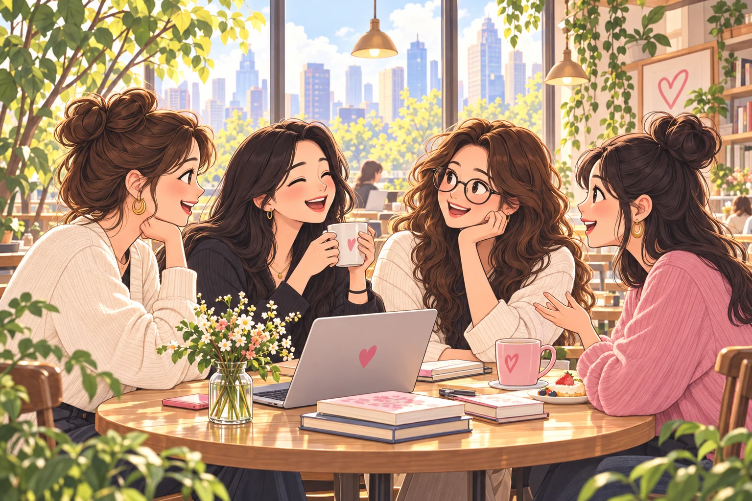 女生们在阳光下的城市咖啡馆相聚,分享故事与想法的温暖漫画