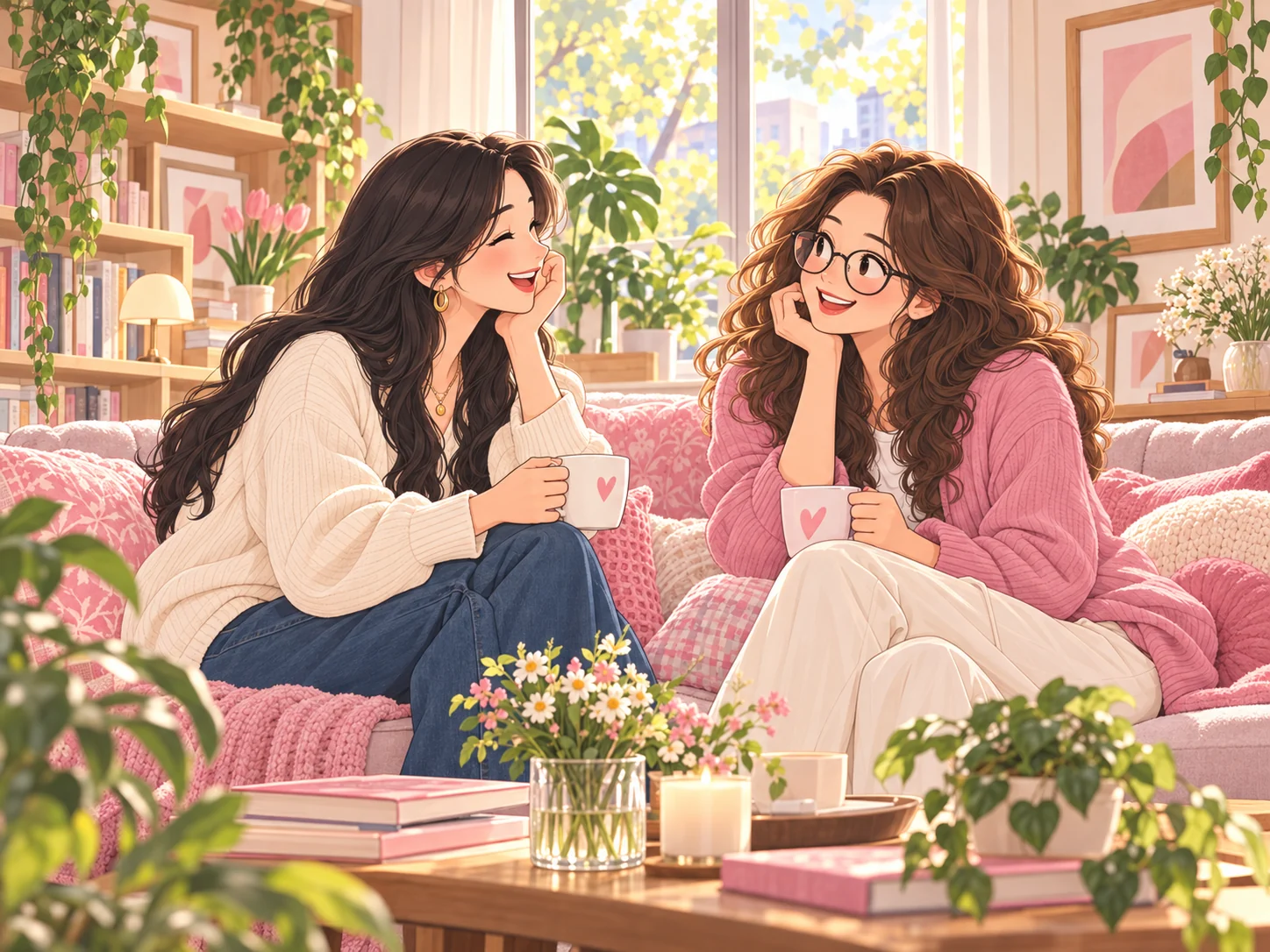 两位女生在温馨的姐妹小屋里喝茶聊天的治愈漫画